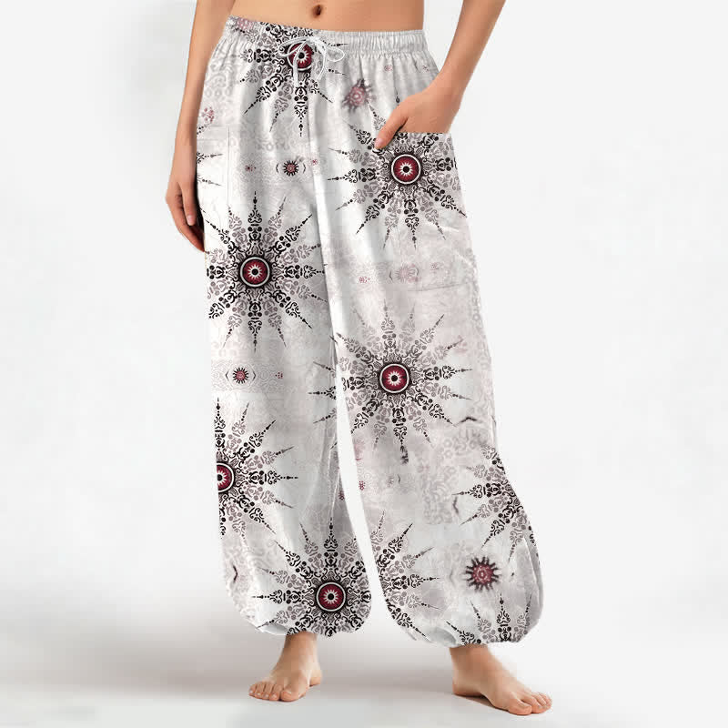 Buddha Stones Cotton Bohemian Geometric Medallion Pattern Women's Elastic Waist Harem Pants With Side Pockets - LavenderBlush - US16，UK/AU20，EU48 (3XL) - image 7