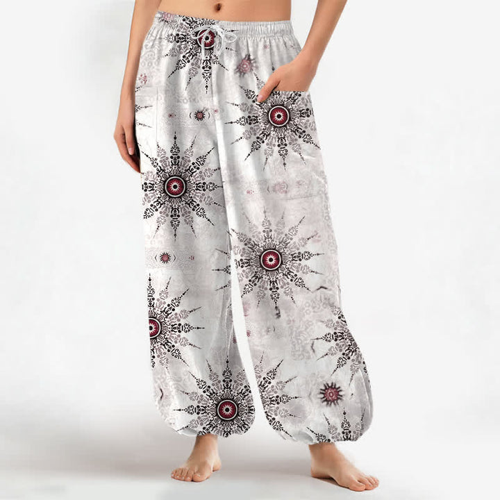 Buddha Stones Cotton Bohemian Geometric Medallion Pattern Women's Elastic Waist Harem Pants With Side Pockets - LavenderBlush - US16，UK/AU20，EU48 (3XL) - image 7