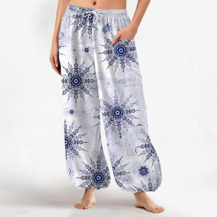 Buddha Stones Cotton Bohemian Geometric Medallion Pattern Women's Elastic Waist Harem Pants With Side Pockets - AliceBlue - US16，UK/AU20，EU48 (3XL) - image 10