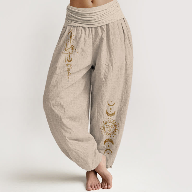 Buddha Stones Pure Cotton Concise Sun Moon Geometric Pattern Women's Elastic Waist Harem Pants - Tan - US16，UK/AU20，EU48 (3XL) - image 11
