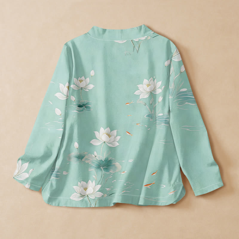 Buddha Stones Cotton Lotus Koi Fish Print Hanfu Style Wrap V-Neck Lace-up Women's Long Sleeve Shirts - image 1