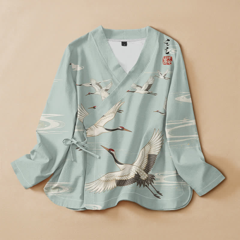 Buddha Stones Cotton Flying Crane Water Ripple Print Hanfu Style Wrap V-Neck Lace-up Women's Long Sleeve Shirts - PaleTurquoise - US16，UK/AU20，EU48 (3XL) - image 0