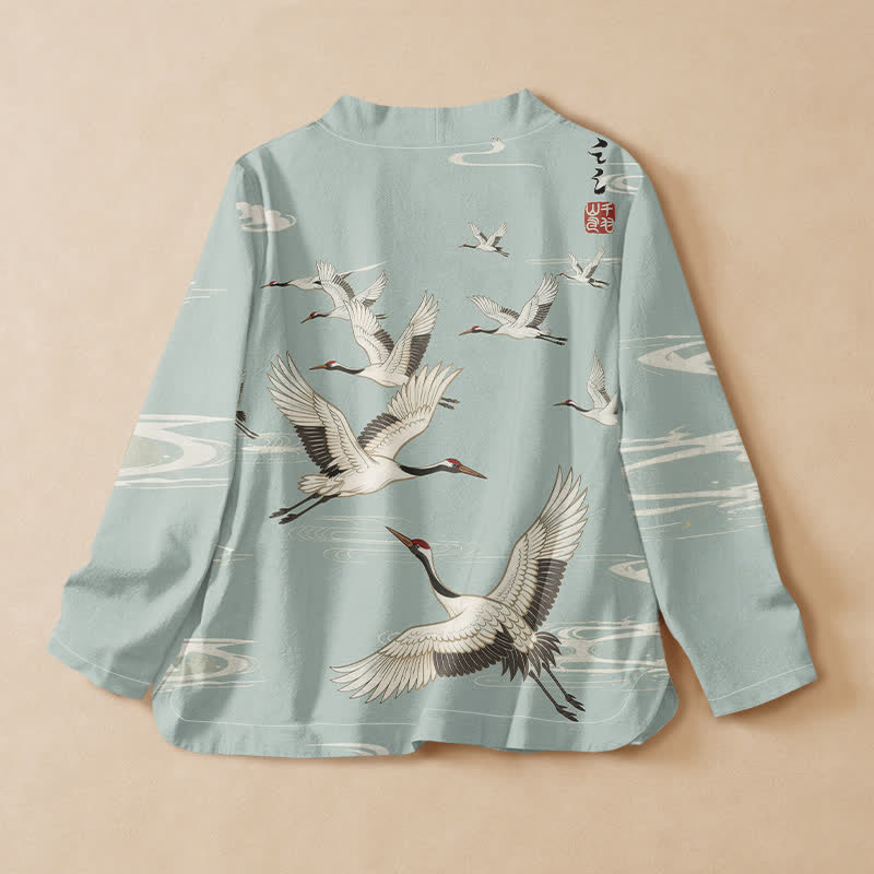 Buddha Stones Cotton Flying Crane Water Ripple Print Hanfu Style Wrap V-Neck Lace-up Women's Long Sleeve Shirts - image 1