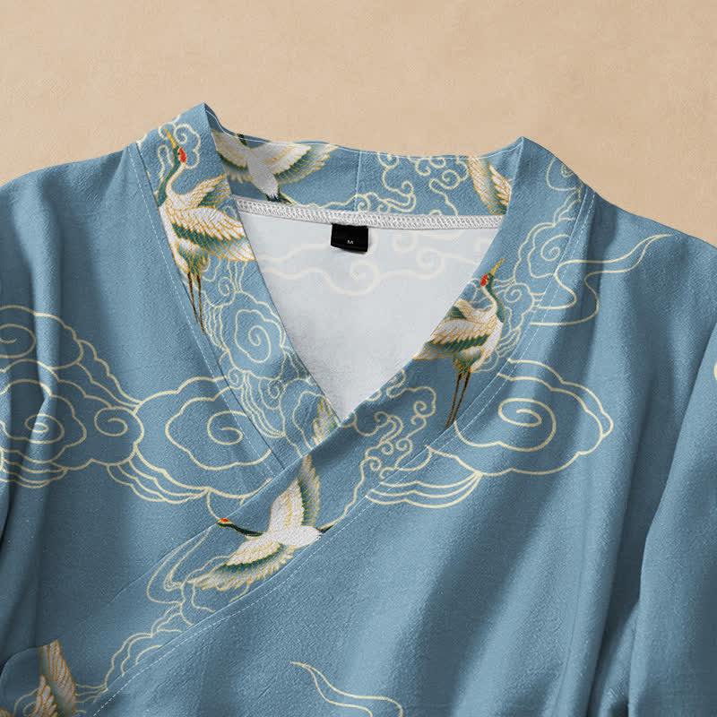 Buddha Stones Cotton Cloud Crane Print Hanfu Style Wrap V-Neck Lace-up Women's Long Sleeve Shirts Kimono - image 2