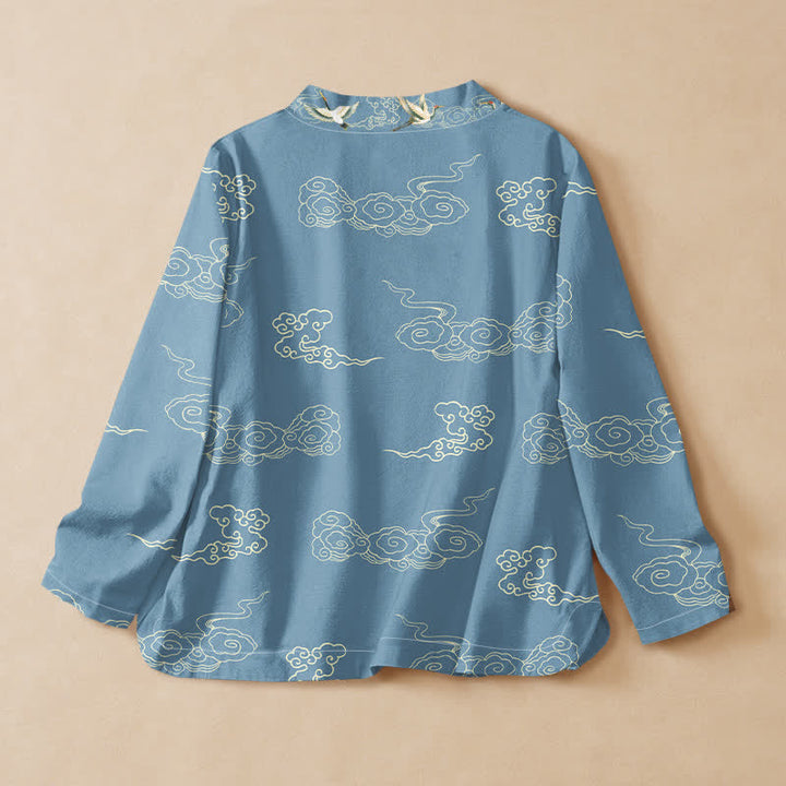 Buddha Stones Cotton Cloud Crane Print Hanfu Style Wrap V-Neck Lace-up Women's Long Sleeve Shirts Kimono - image 1
