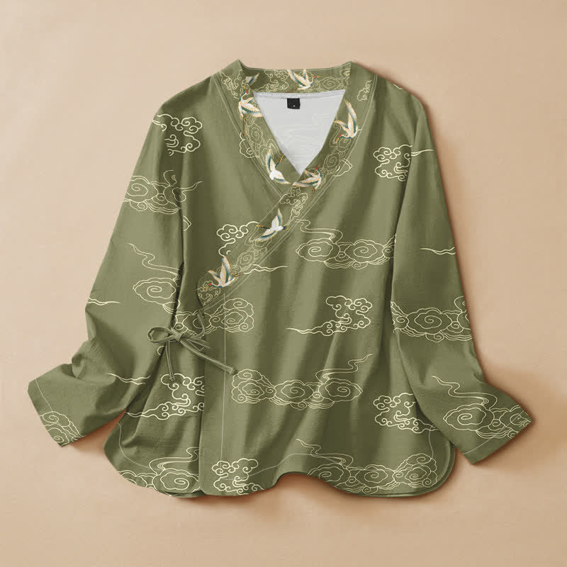 Buddha Stones Cotton Cloud Crane Print Hanfu Style Wrap V-Neck Lace-up Women's Long Sleeve Shirts Kimono - Olive - US16，UK/AU20，EU48 (3XL) - image 5