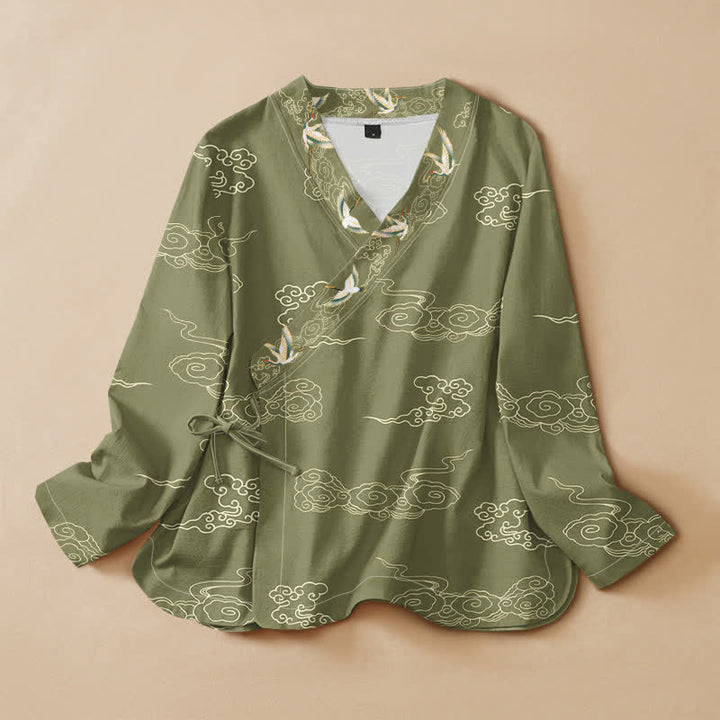 Buddha Stones Cotton Cloud Crane Print Hanfu Style Wrap V-Neck Lace-up Women's Long Sleeve Shirts Kimono - Olive - US16，UK/AU20，EU48 (3XL) - image 5