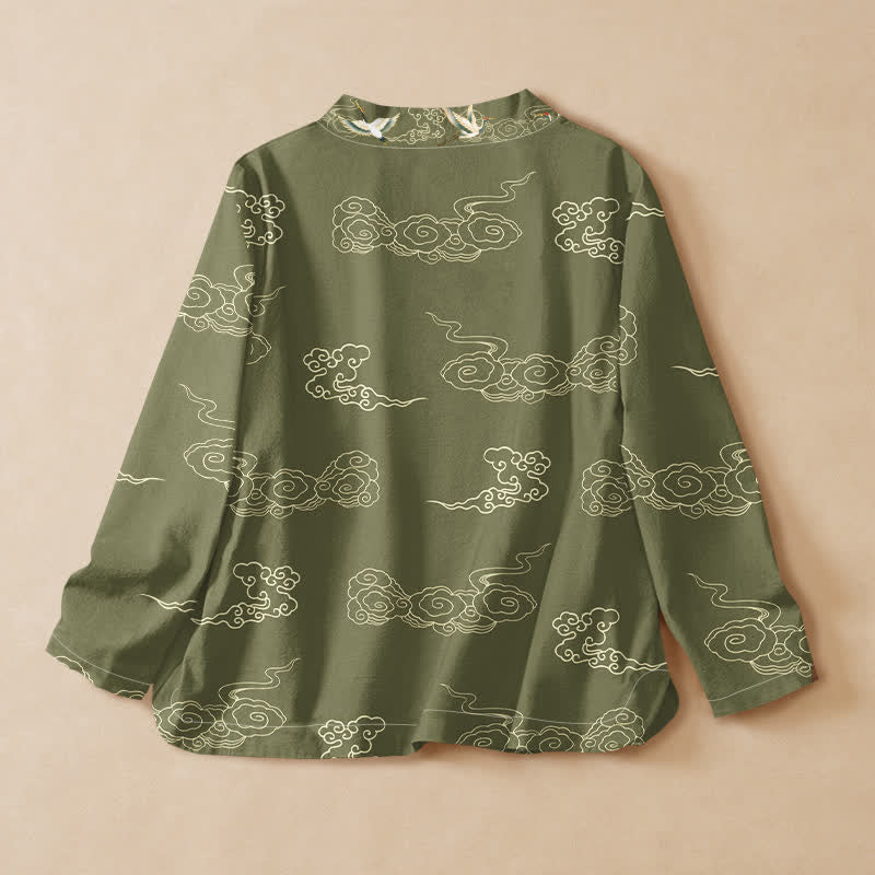 Buddha Stones Cotton Cloud Crane Print Hanfu Style Wrap V-Neck Lace-up Women's Long Sleeve Shirts Kimono - image 6