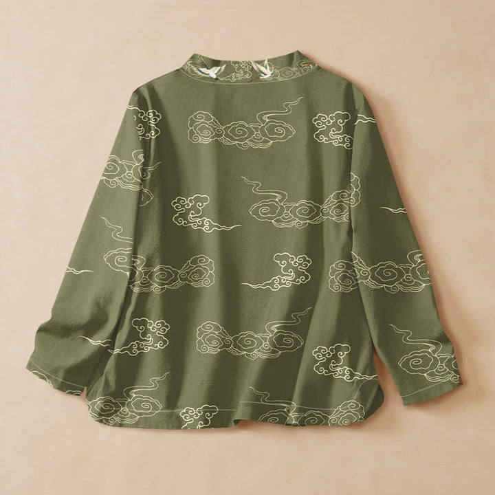 Buddha Stones Cotton Cloud Crane Print Hanfu Style Wrap V-Neck Lace-up Women's Long Sleeve Shirts Kimono - image 6