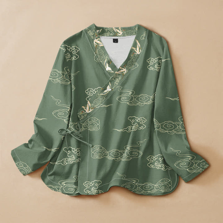Buddha Stones Cotton Cloud Crane Print Hanfu Style Wrap V-Neck Lace-up Women's Long Sleeve Shirts Kimono - SeaGreen - US16，UK/AU20，EU48 (3XL) - image 7