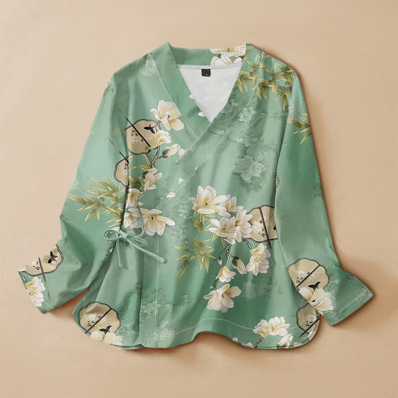 Buddha Stones Cotton Magnolia Bamboo Fan Print Hanfu Style Wrap V-Neck Lace-up Women's Long Sleeve Shirts Kimono - MediumAquamarine - US16，UK/AU20，EU48 (3XL) - image 0