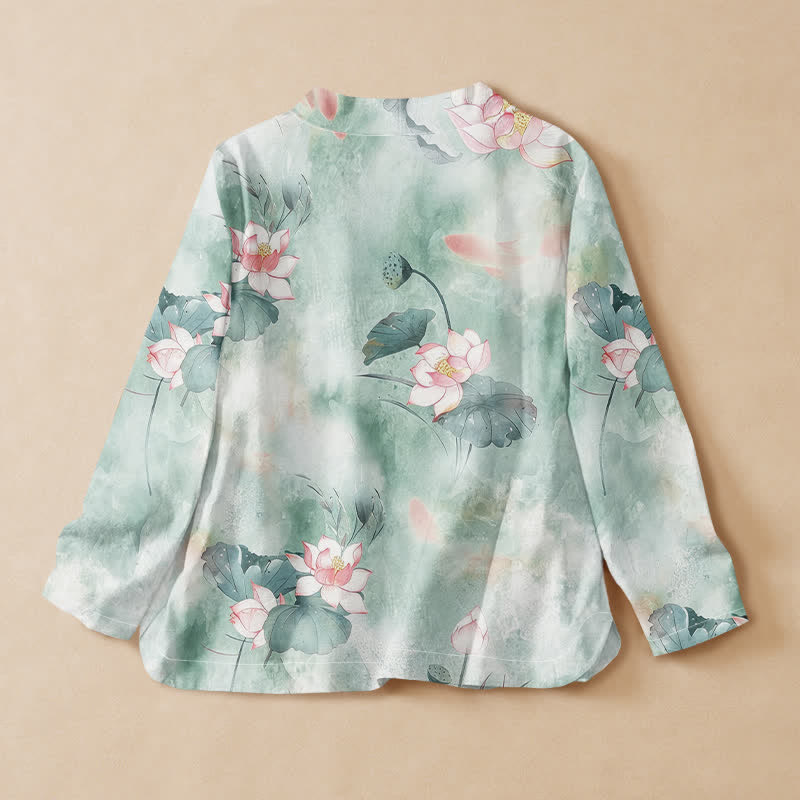 Buddha Stones Cotton Lotus Blossom Print Hanfu Style Wrap V-Neck Lace-up Women's Long Sleeve Shirts - image 1