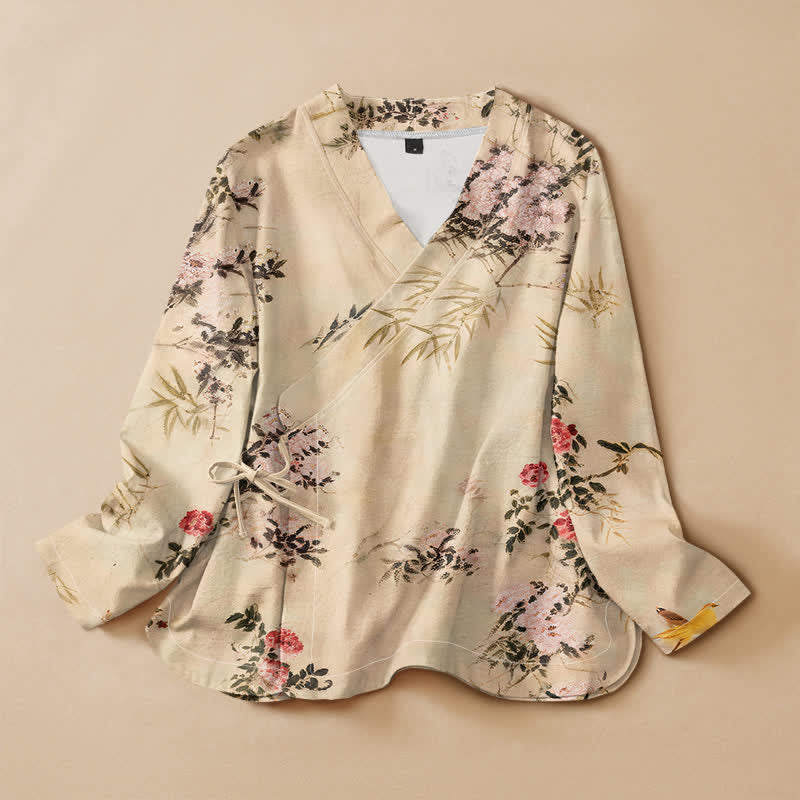 Buddha Stones Cotton Bamboo Blossom Print Hanfu Style Wrap V-Neck Lace-up Women's Long Sleeve Shirts Kimono - Beige - US16，UK/AU20，EU48 (3XL) - image 0