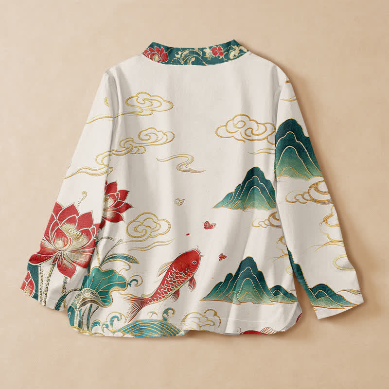 Buddha Stones Cotton Koi Lotus Cloud Pattern Wrap V-Neck Lace-up Women's Long Sleeve Shirts Kimono - image 1