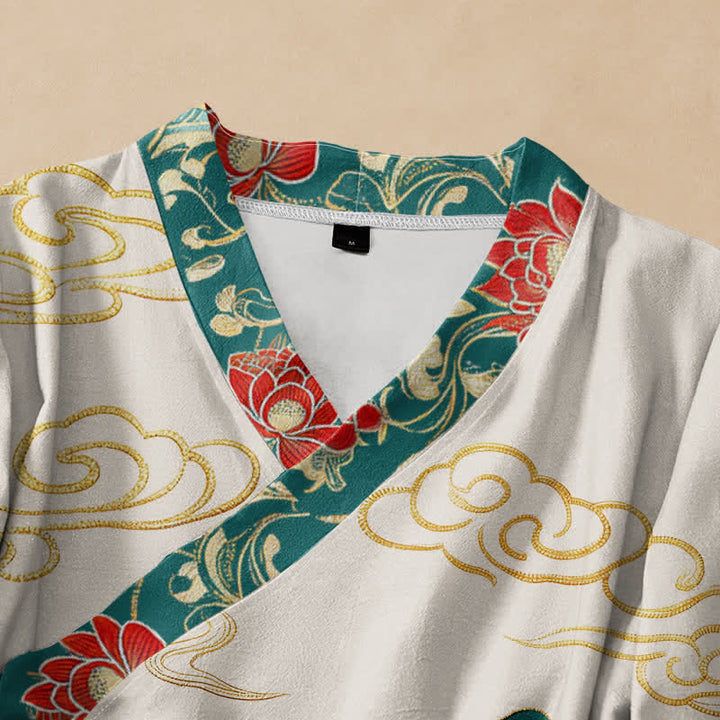 Buddha Stones Cotton Koi Lotus Cloud Pattern Wrap V-Neck Lace-up Women's Long Sleeve Shirts - image 2