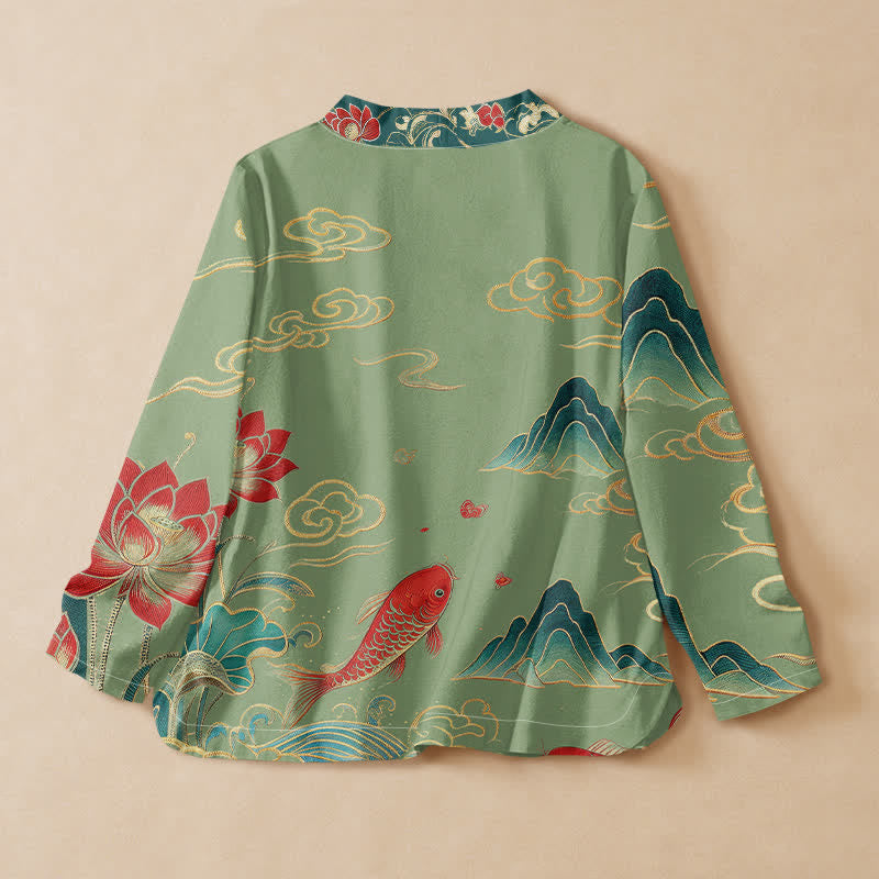 Buddha Stones Cotton Koi Lotus Cloud Pattern Wrap V-Neck Lace-up Women's Long Sleeve Shirts - image 6