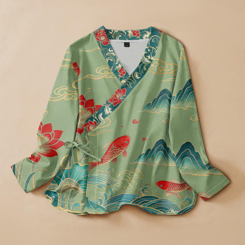 Buddha Stones Cotton Koi Lotus Cloud Pattern Wrap V-Neck Lace-up Women's Long Sleeve Shirts Kimono - LightGreen - US16，UK/AU20，EU48 (3XL) - image 5