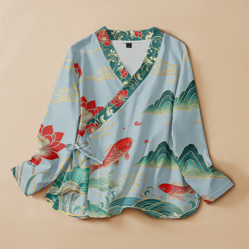 Buddha Stones Cotton Koi Lotus Cloud Pattern Wrap V-Neck Lace-up Women's Long Sleeve Shirts - LightBlue - US16，UK/AU20，EU48 (3XL) - image 7