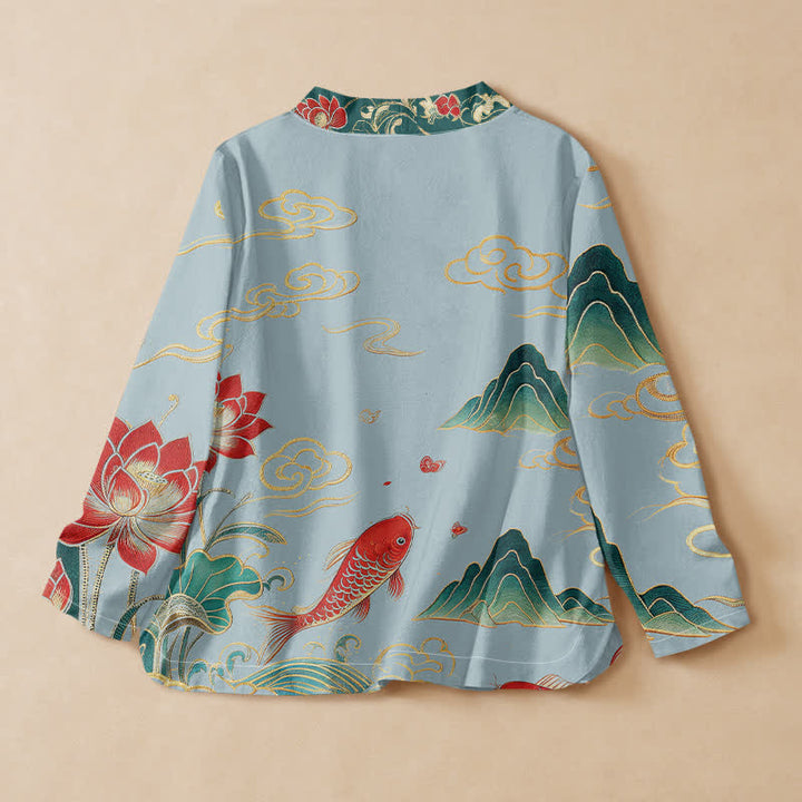 Buddha Stones Cotton Koi Lotus Cloud Pattern Wrap V-Neck Lace-up Women's Long Sleeve Shirts - image 8