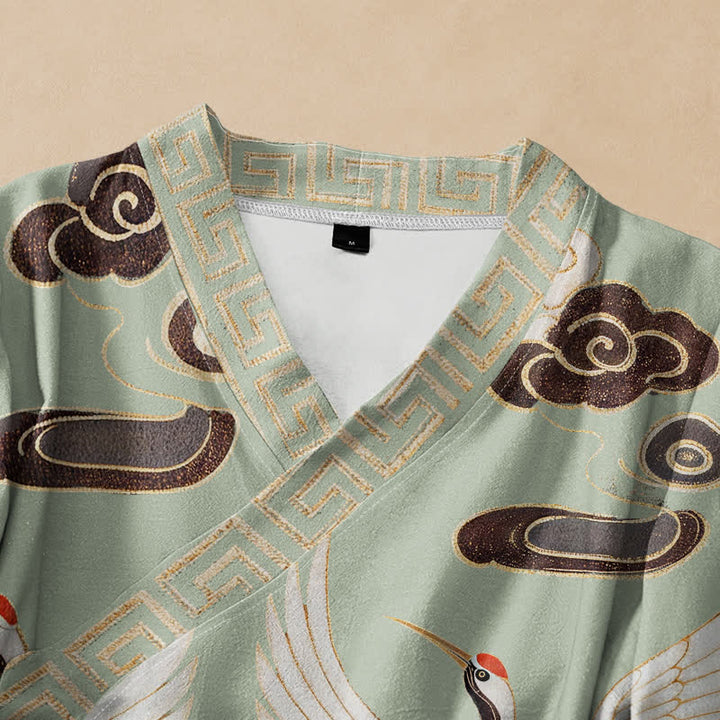 Buddha Stones Cotton Crane Cloud Wave Print Hanfu Style Wrap V-Neck Lace-up Women's Long Sleeve Shirts Kimono - image 2