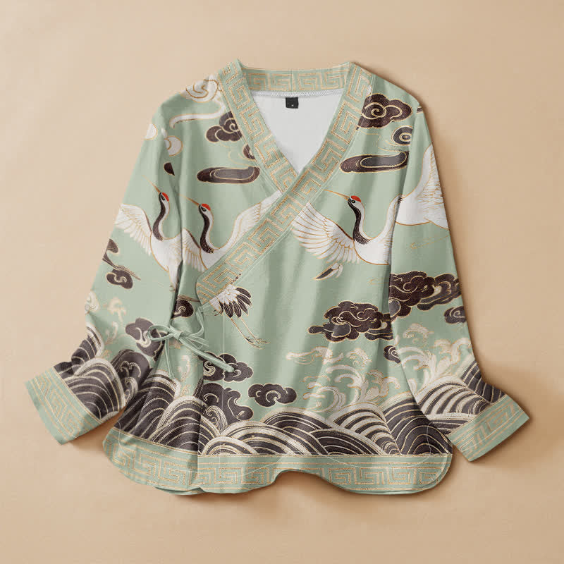 Buddha Stones Cotton Crane Cloud Wave Print Hanfu Style Wrap V-Neck Lace-up Women's Long Sleeve Shirts Kimono - PaleGreen - US16，UK/AU20，EU48 (3XL) - image 0