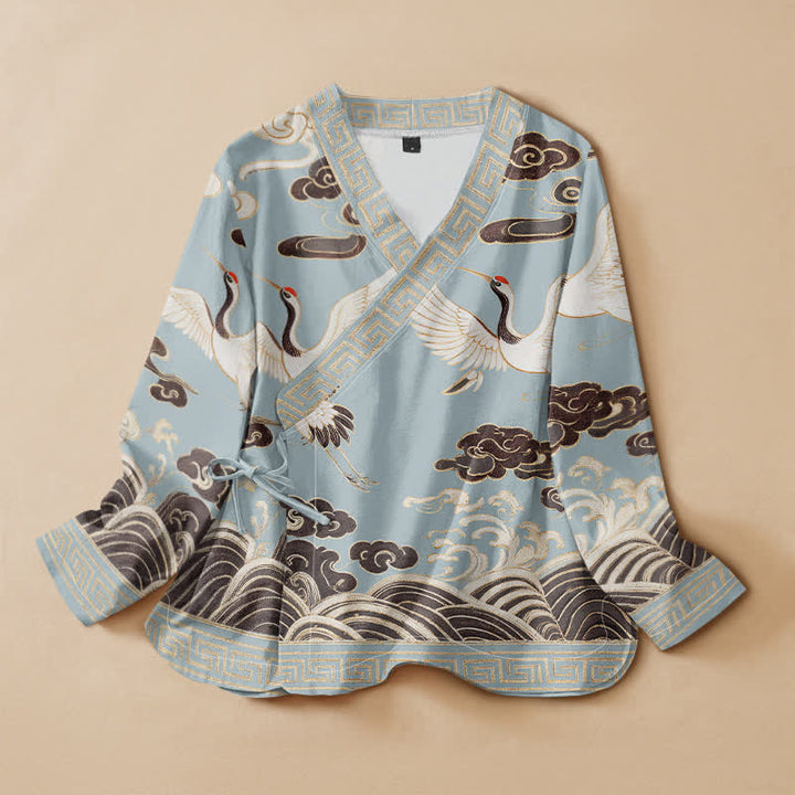 Buddha Stones Cotton Crane Cloud Wave Print Hanfu Style Wrap V-Neck Lace-up Women's Long Sleeve Shirts Kimono - SkyBlue - US16，UK/AU20，EU48 (3XL) - image 5
