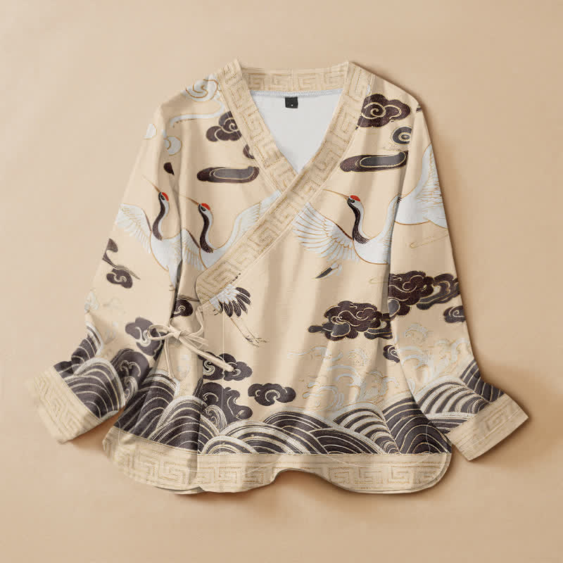 Buddha Stones Cotton Crane Cloud Wave Print Hanfu Style Wrap V-Neck Lace-up Women's Long Sleeve Shirts Kimono - LightGoldenrodYellow - US16，UK/AU20，EU48 (3XL) - image 7