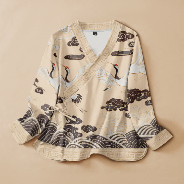 Buddha Stones Cotton Crane Cloud Wave Print Hanfu Style Wrap V-Neck Lace-up Women's Long Sleeve Shirts Kimono - LightGoldenrodYellow - US16，UK/AU20，EU48 (3XL) - image 7