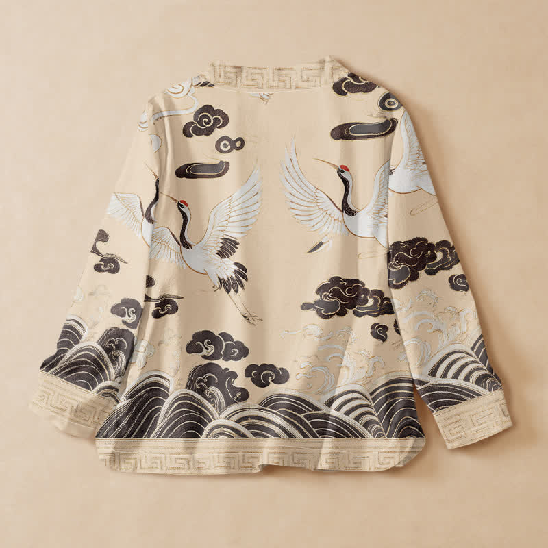 Buddha Stones Cotton Crane Cloud Wave Print Hanfu Style Wrap V-Neck Lace-up Women's Long Sleeve Shirts Kimono - image 8