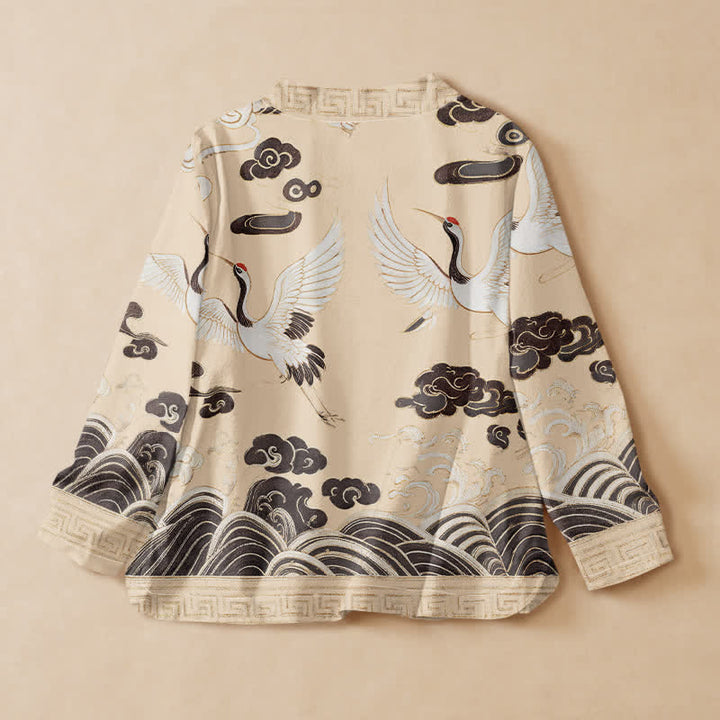 Buddha Stones Cotton Crane Cloud Wave Print Hanfu Style Wrap V-Neck Lace-up Women's Long Sleeve Shirts Kimono - image 8
