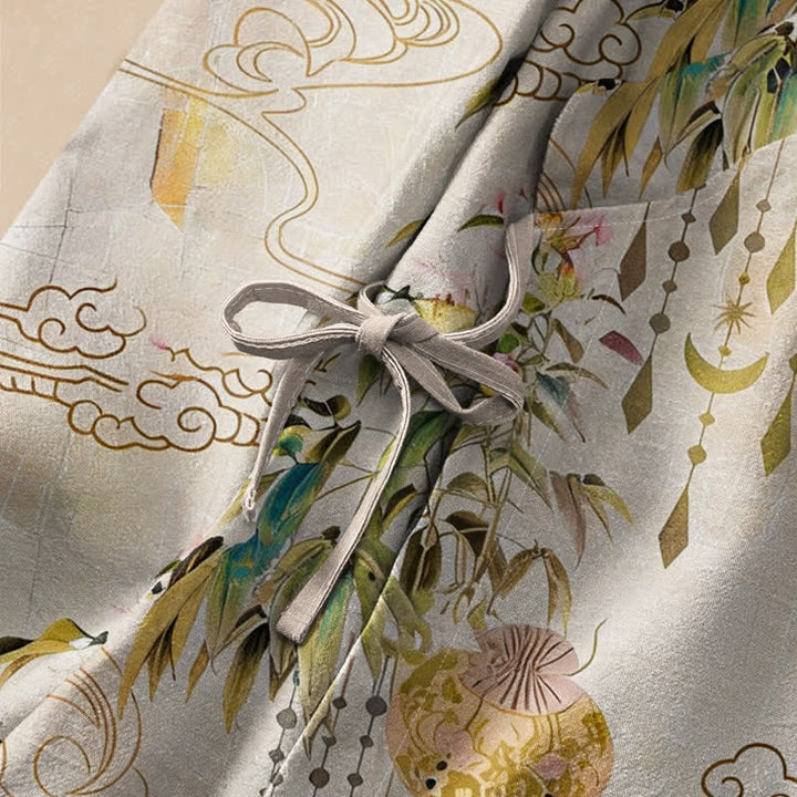 Buddha Stones Cotton Cloud Leaf Tassel Print Hanfu Style Wrap V-Neck Lace-up Women's Long Sleeve Shirts - image 3