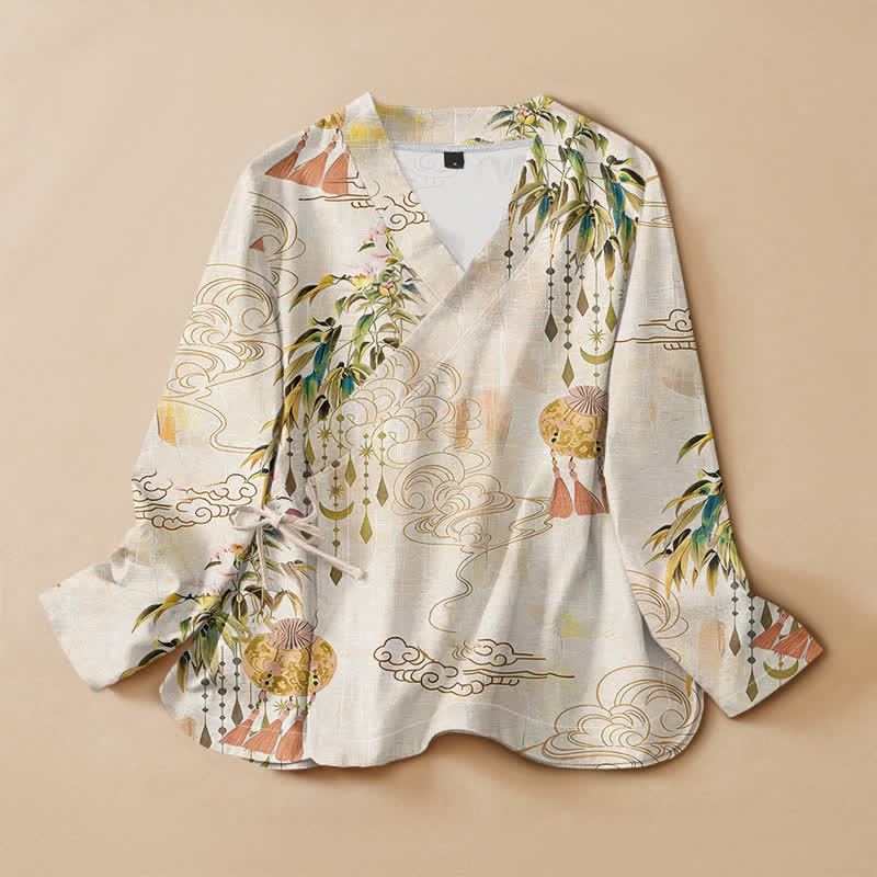 Buddha Stones Cotton Cloud Leaf Tassel Print Hanfu Style Wrap V-Neck Lace-up Women's Long Sleeve Shirts Kimono - Linen - US16，UK/AU20，EU48 (3XL) - image 0