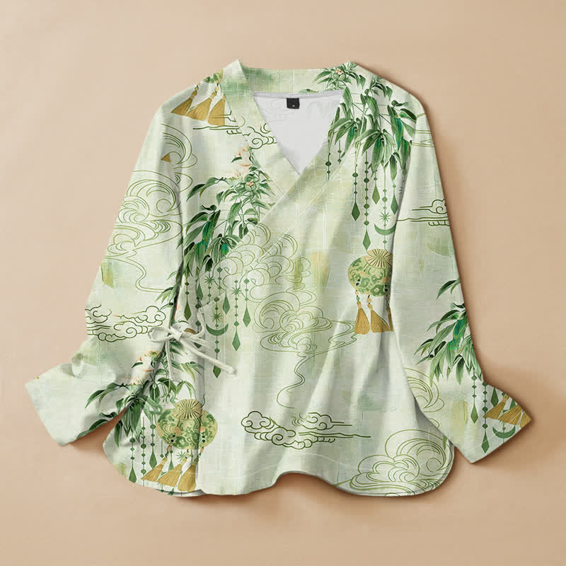 Buddha Stones Cotton Cloud Leaf Tassel Print Hanfu Style Wrap V-Neck Lace-up Women's Long Sleeve Shirts - Honeydew - US16，UK/AU20，EU48 (3XL) - image 7