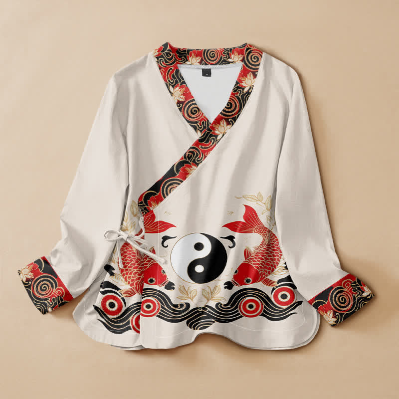 Buddha Stones Cotton Koi Fish Yin Yang Lotus Print Hanfu Style Wrap V-Neck Lace-up Women's Long Sleeve Shirts Kimono - Ivory - US16，UK/AU20，EU48 (3XL) - image 0