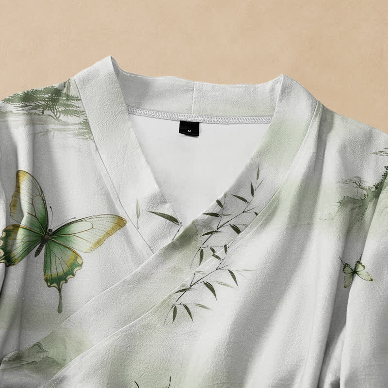 Buddha Stones Cotton Bamboo Butterfly Print Hanfu Style Wrap V-Neck Lace-up Women's Long Sleeve Shirts Kimono - image 2
