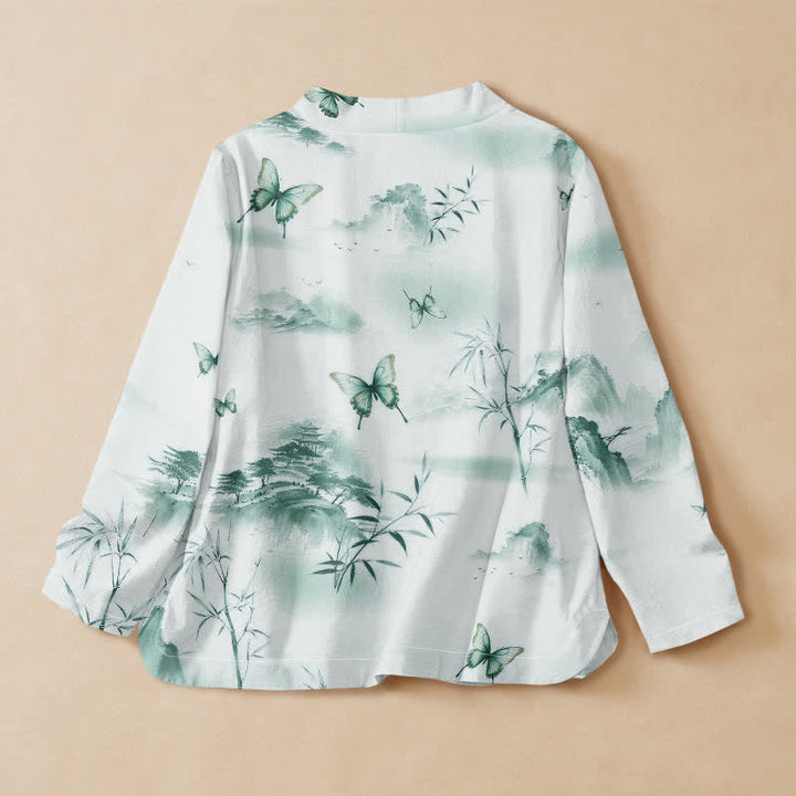 Buddha Stones Cotton Bamboo Butterfly Print Hanfu Style Wrap V-Neck Lace-up Women's Long Sleeve Shirts Kimono - image 6