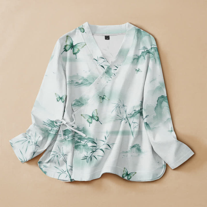 Buddha Stones Cotton Bamboo Butterfly Print Hanfu Style Wrap V-Neck Lace-up Women's Long Sleeve Shirts Kimono - MediumAquamarine - US16，UK/AU20，EU48 (3XL) - image 5