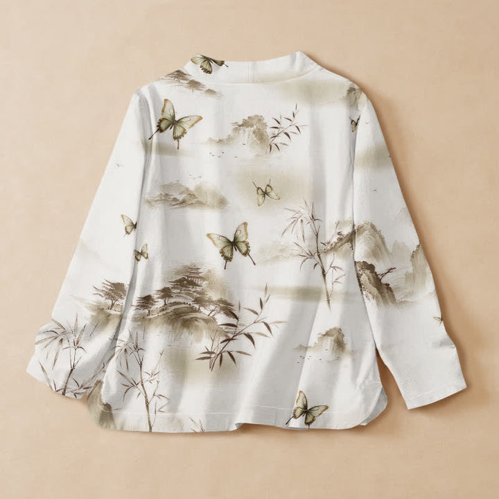 Buddha Stones Cotton Bamboo Butterfly Print Hanfu Style Wrap V-Neck Lace-up Women's Long Sleeve Shirts Kimono - image 8