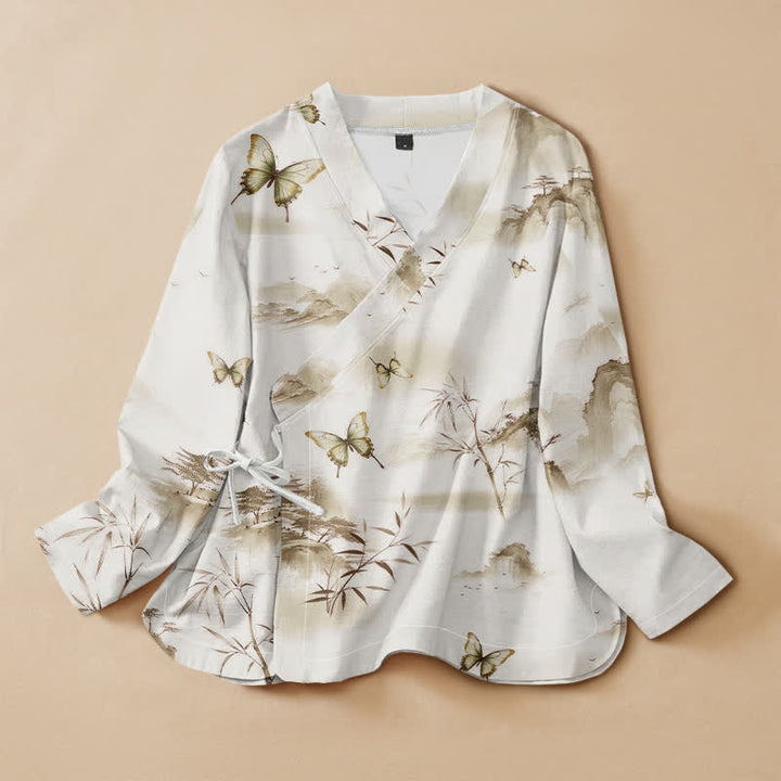 Buddha Stones Cotton Bamboo Butterfly Print Hanfu Style Wrap V-Neck Lace-up Women's Long Sleeve Shirts Kimono - Olive - US16，UK/AU20，EU48 (3XL) - image 7