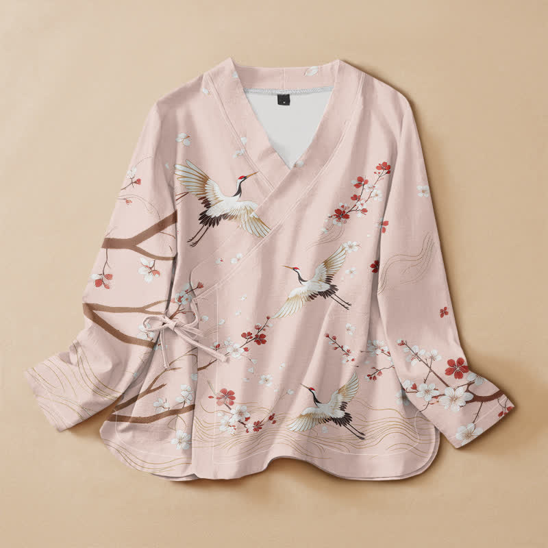 Buddha Stones Cotton Crane Plum Blossom Print Hanfu Style Wrap V-Neck Lace-up Women's Long Sleeve Shirts Kimono - LavenderBlush - US16，UK/AU20，EU48 (3XL) - image 0