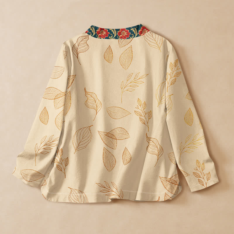 Buddha Stones Cotton Golden Leaf Red Flower Print Hanfu Style Wrap V-Neck Lace-up Women's Long Sleeve Shirts - image 1