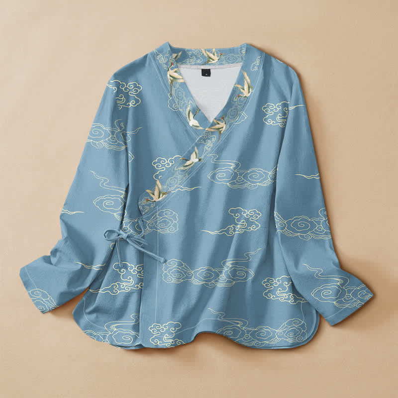 Buddha Stones Cotton Crane Auspicious Cloud Print Wrap V-Neck Lace-up Women's Long Sleeve Shirts Kimono - PowderBlue - US16，UK/AU20，EU48 (3XL) - image 0