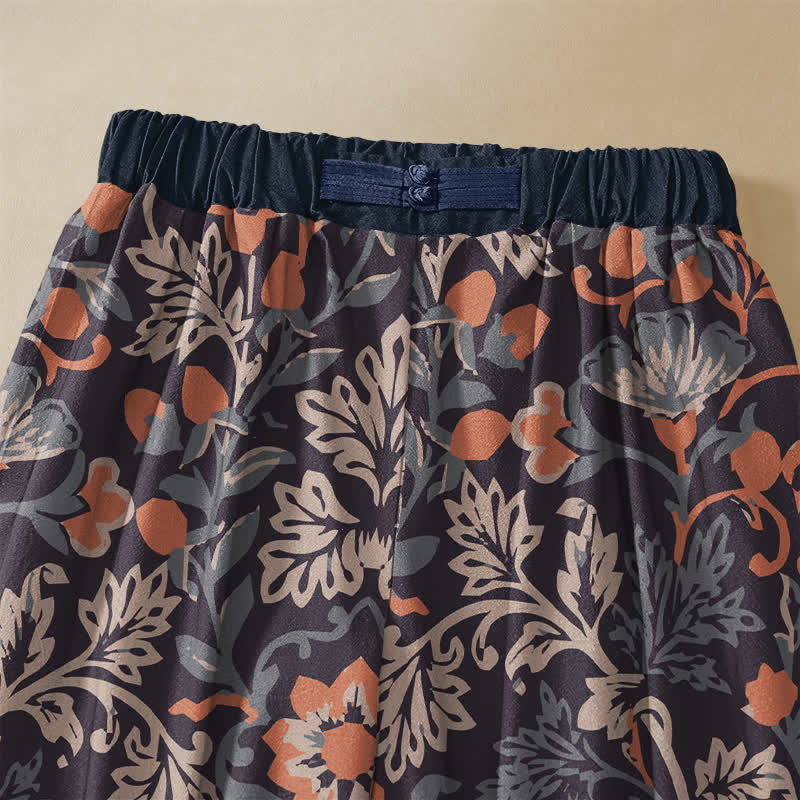 Buddha Stones Pure Cotton Bohemian Floral Vine Pattern Frog Button Women's Elastic Waist Harem Pants With Pockets - image 2