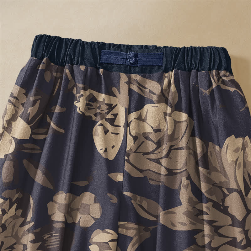 Buddha Stones Pure Cotton Peony Flowers Leaves Pattern Frog Button Women's Elastic Waist Harem Pants With Pockets - image 2