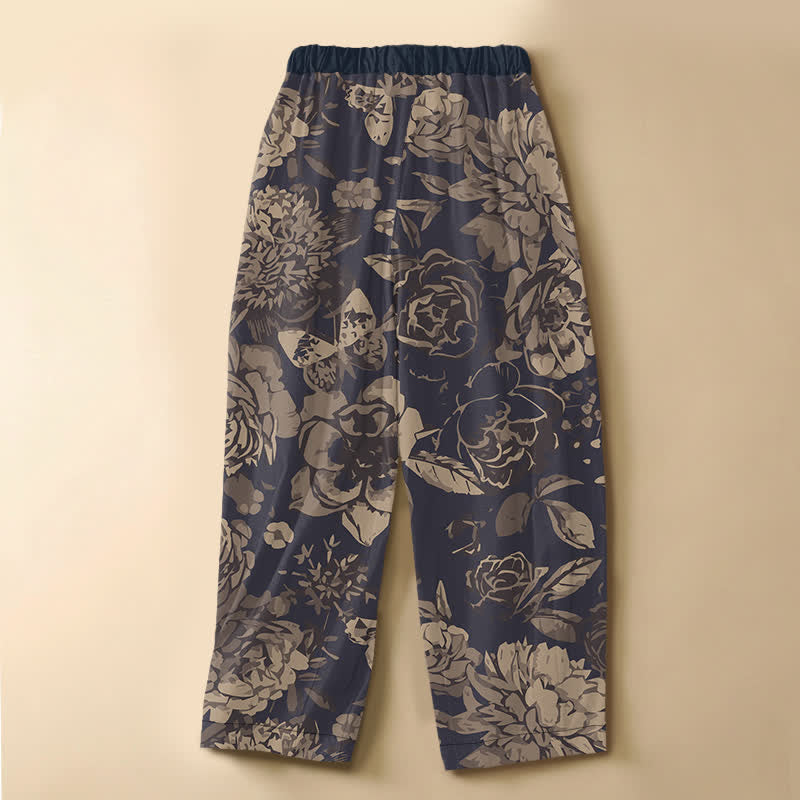 Buddha Stones Pure Cotton Peony Flowers Leaves Pattern Frog Button Women's Elastic Waist Harem Pants With Pockets - image 1