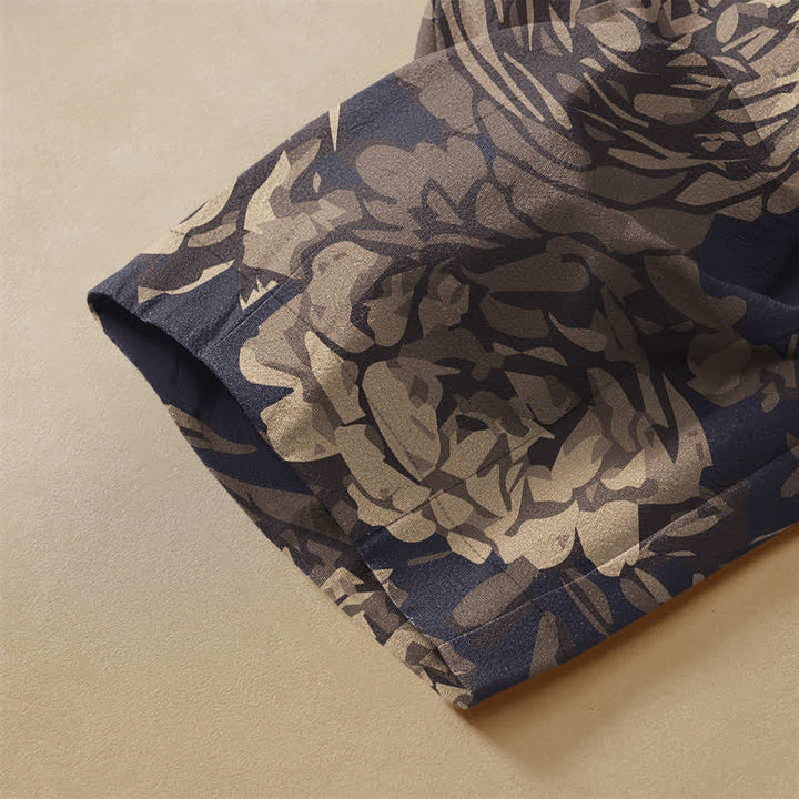 Buddha Stones Pure Cotton Peony Flowers Leaves Pattern Frog Button Women's Elastic Waist Harem Pants With Pockets - image 3