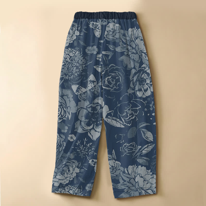 Buddha Stones Pure Cotton Peony Flowers Leaves Pattern Frog Button Women's Elastic Waist Harem Pants With Pockets - image 6