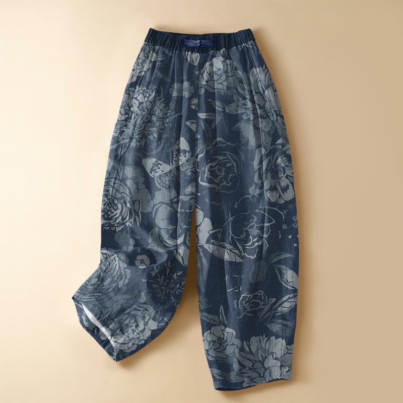 Buddha Stones Pure Cotton Peony Flowers Leaves Pattern Frog Button Women's Elastic Waist Harem Pants With Pockets - SteelBlue - US16，UK/AU20，EU48 (3XL) - image 5