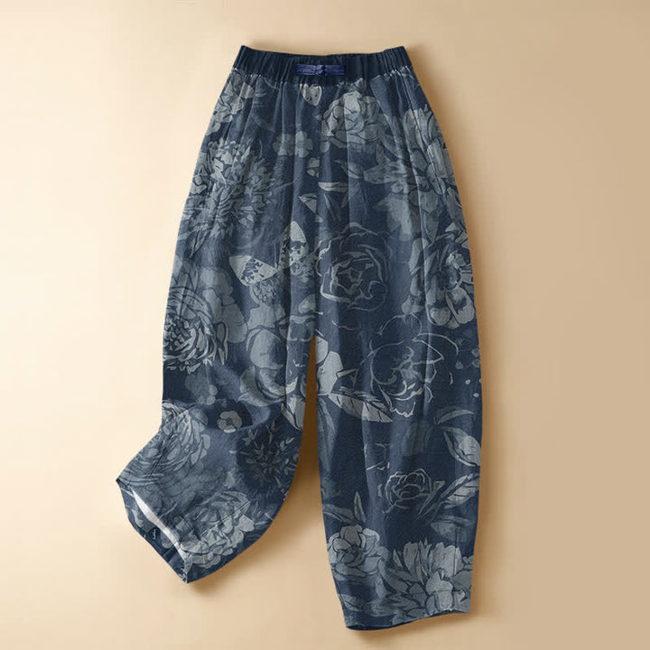 Buddha Stones Pure Cotton Peony Flowers Leaves Pattern Frog Button Women's Elastic Waist Harem Pants With Pockets - SteelBlue - US16，UK/AU20，EU48 (3XL) - image 5