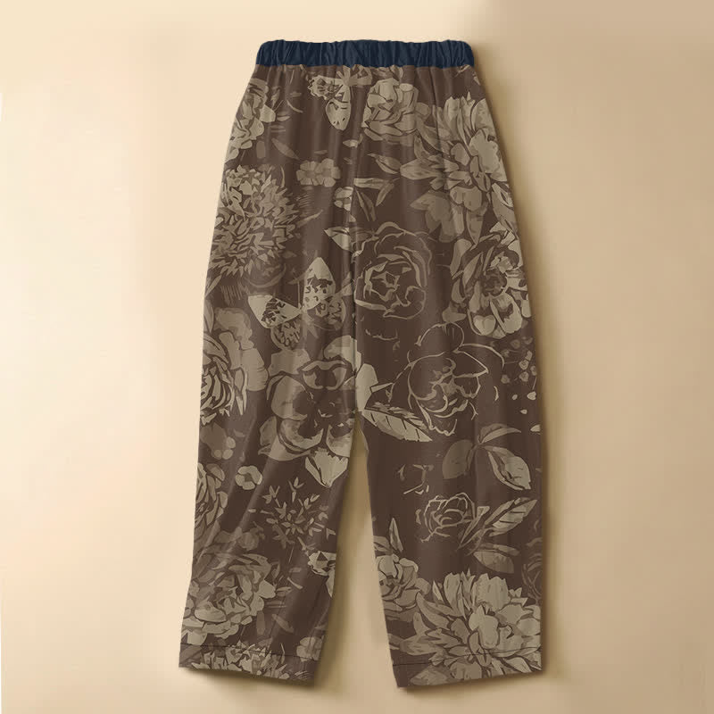 Buddha Stones Pure Cotton Peony Flowers Leaves Pattern Frog Button Women's Elastic Waist Harem Pants With Pockets - image 8
